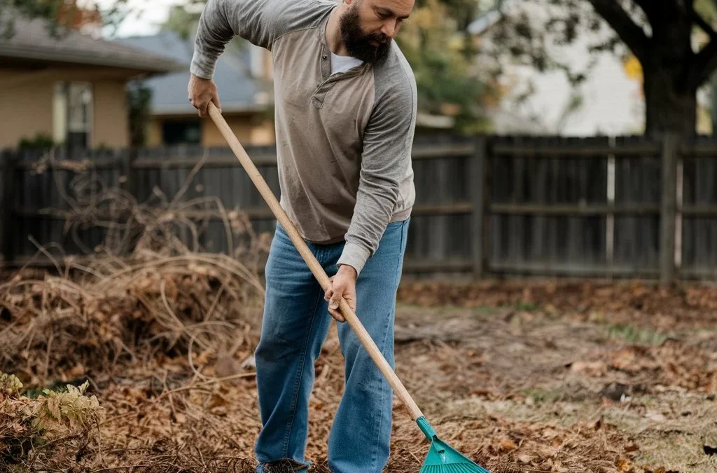 Man with beard raking leaves, yard cleanup