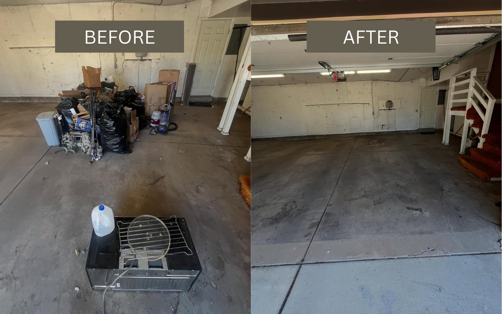 Before and after garage cleanout in Erie, Colorado showing clutter removal and clean space