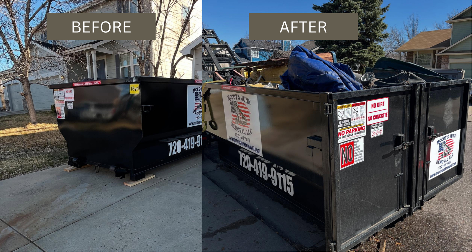 rolloff dumpster placed in driveway for junk removal in Brighton, Colorado